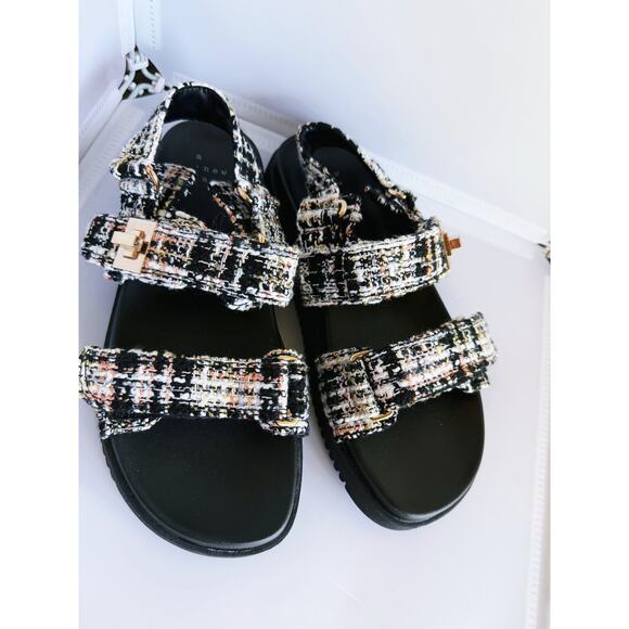 A New Day Jonie Jet Black Tweed Sandals Sling Back 6.5 Knit Gold Buckle Fall - Picture 2 of 10
